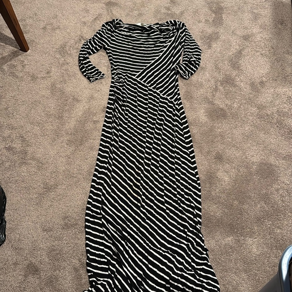 Max Studio Black White Striped Maxi Dress Long Sleeve Stretch SIZE M